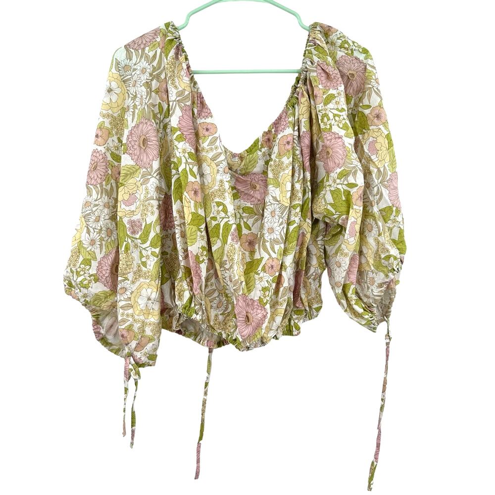 Rachel Zoe size‎ Large crop top balloon sleeve linen blend floral top shirt NWT - Picture 2 of 6